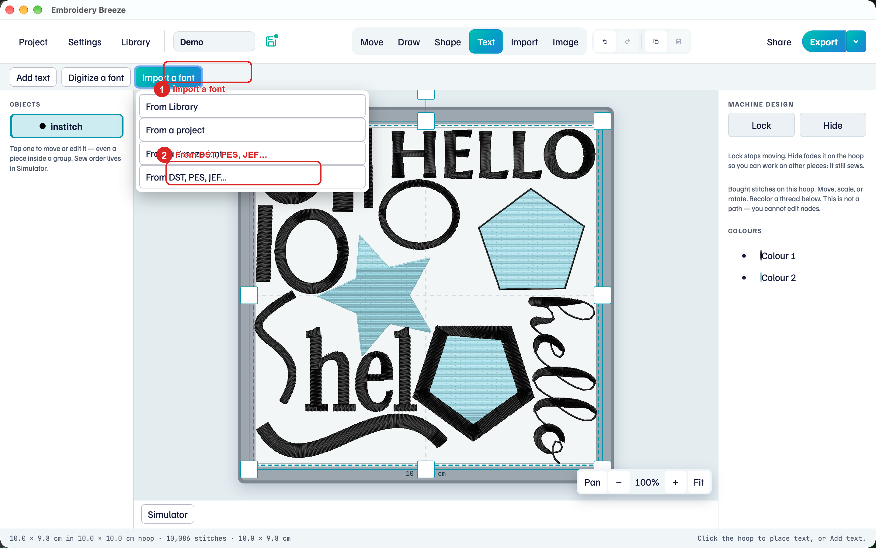 Import a font menu on the Text tool row