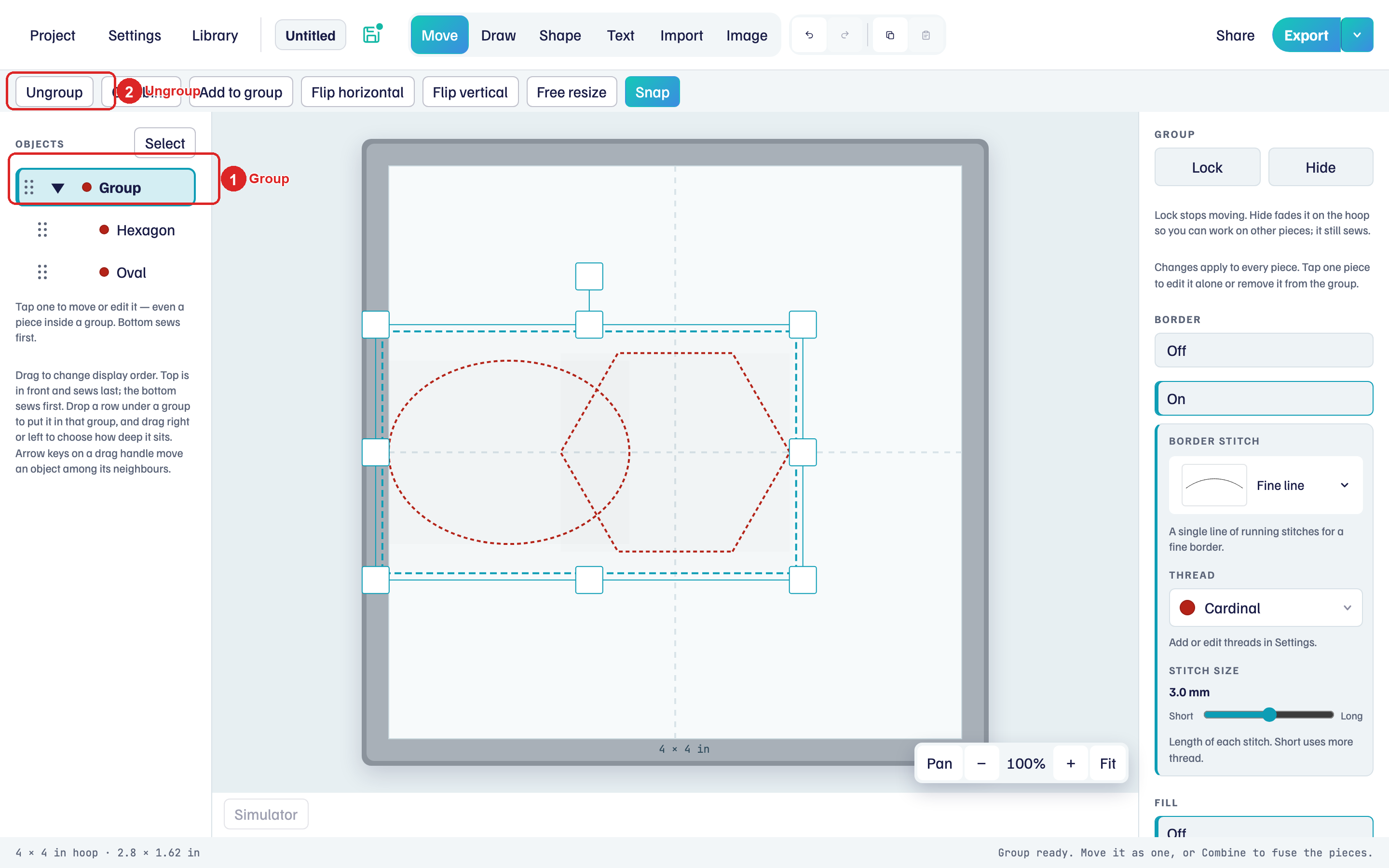 Group row selected in Objects, Ungroup on the tool row
