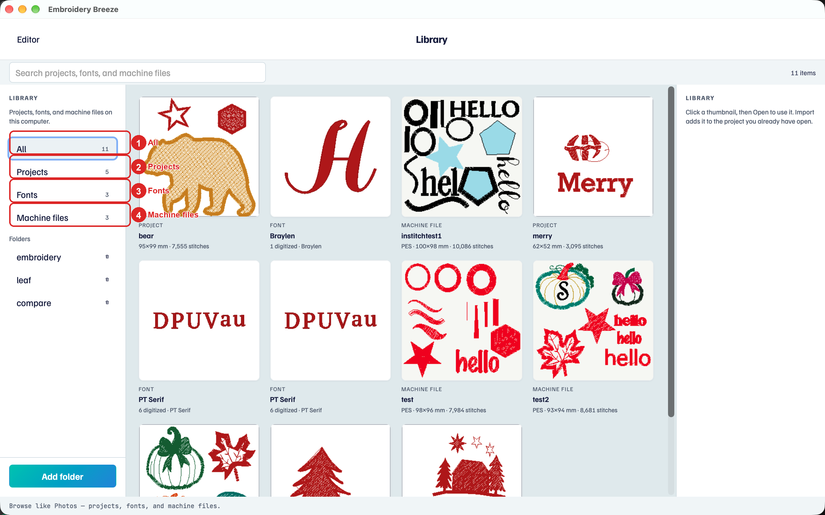 Library: All, Recents, Projects, Fonts, Categories, and Folders