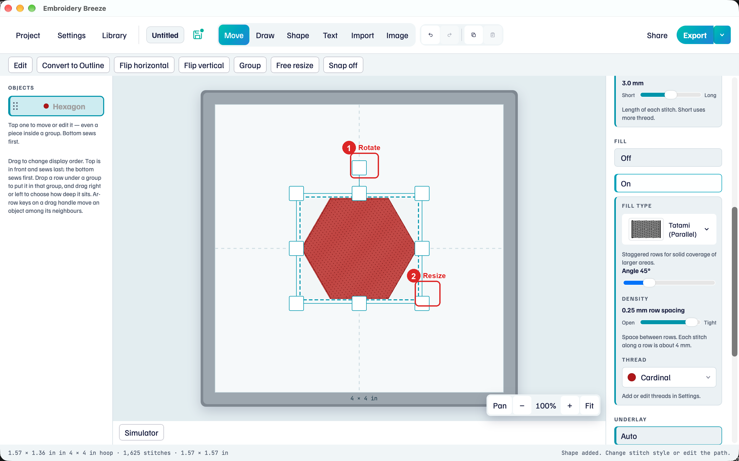 Selected hexagon with rotate and resize handles