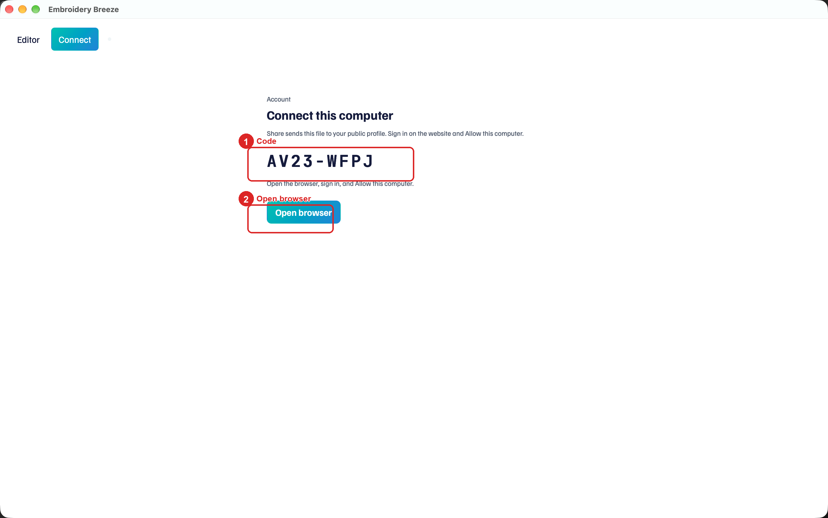 Connect this computer, code, Open browser